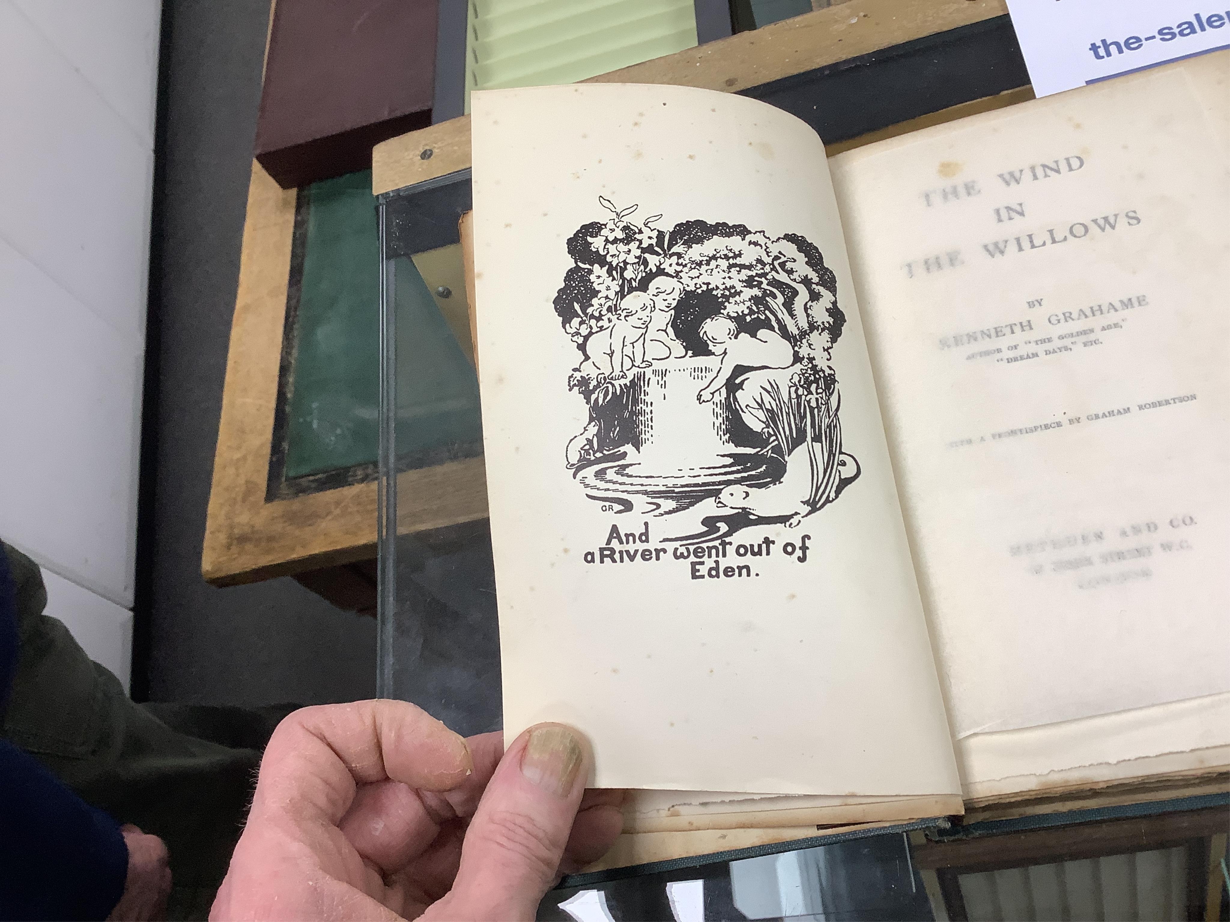 Grahame, Kenneth - The Wind in the Willows ... First Edition. frontispiece (by Graham Robertson) and tissue guard, half title; original gilt ruled and pictorial cloth, gilt top with other edges rough trimmed. Methuen and